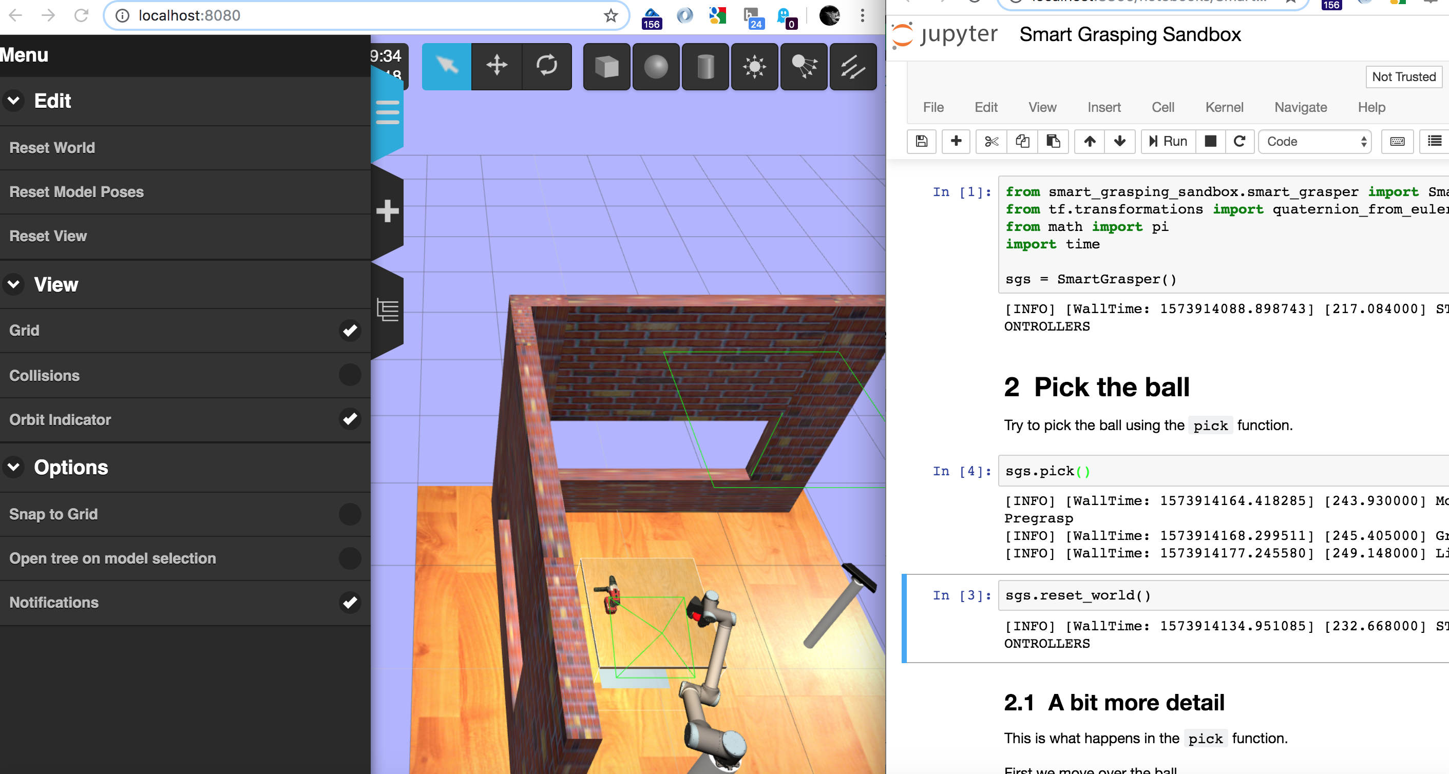 Example of Gzweb and Jupyter notebook via smart-grasping-sandbox container